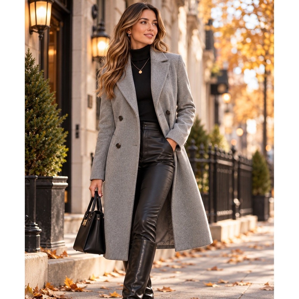H&M Women's Size 14 Gray Double Breasted Long Coat Tailored Slim Fit